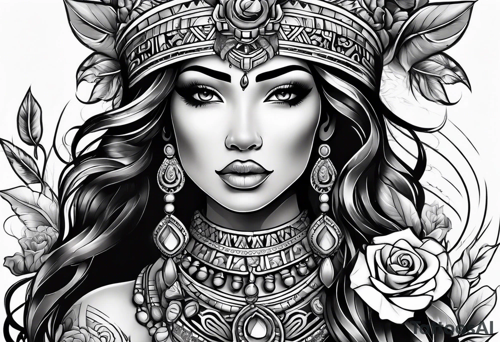 Mayan princess with roses & desert tattoo idea