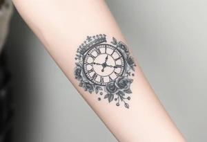 Broken Roman clock with a crown, surrounded by  roses and a quote that says nothings forever and with playing cards tattoo idea