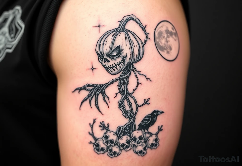 powerful realistic pumpkin head sentinel with vine and stick body, long fingers, surrounded by fog, faded moon in the upper right background with ravens and skulls at the base tattoo idea