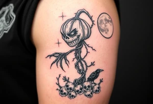powerful realistic pumpkin head sentinel with vine and stick body, long fingers, surrounded by fog, faded moon in the upper right background with ravens and skulls at the base tattoo idea