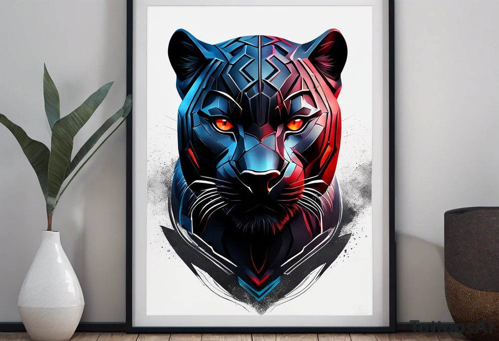 unique black panther tattoo, dynamic pose, showcasing its strength and grace, striking red eyes, intense and captivating elements, artistic flair, blending realism with abstract elements tattoo idea
