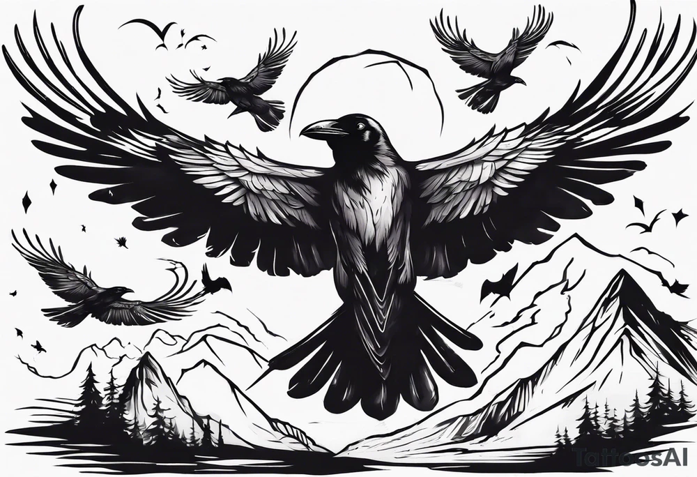 raven flying toward foreground tattoo idea