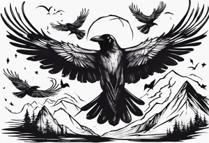 raven flying toward foreground tattoo idea