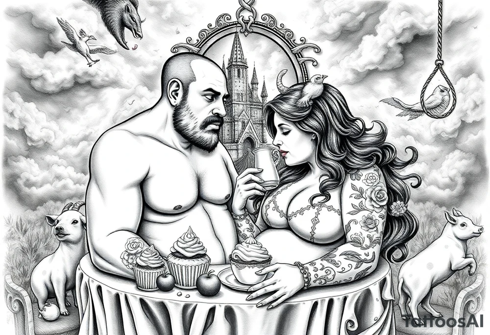 Naked Man and fat woman having sex eating cupcakes and  fruit  having sexy naked fat lady having a tea party with tea pots  with medieval castle  
with mystical  aries a pigs, peacock,  lion, goat, noose and smoking cigerettes looking in the mirror thru storm clouds and broken hearts and darkness and wrath, envy , gluttony, greed, sloth, pride . Gothic tattoo idea