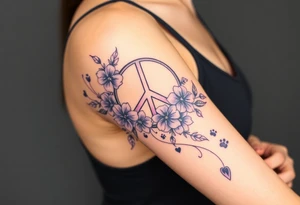 peace symbol intertwined with violets Pisces symbol, dog prints, amethyst, initials csb in cursive font tattoo idea