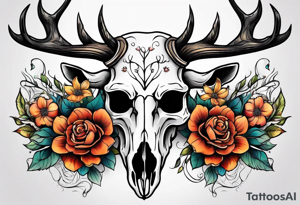 Reindeer skull and flower tattoo idea