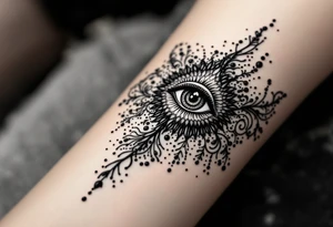 Indian style Henna tattoo for the inner wrist include the word pain and an eye tattoo idea