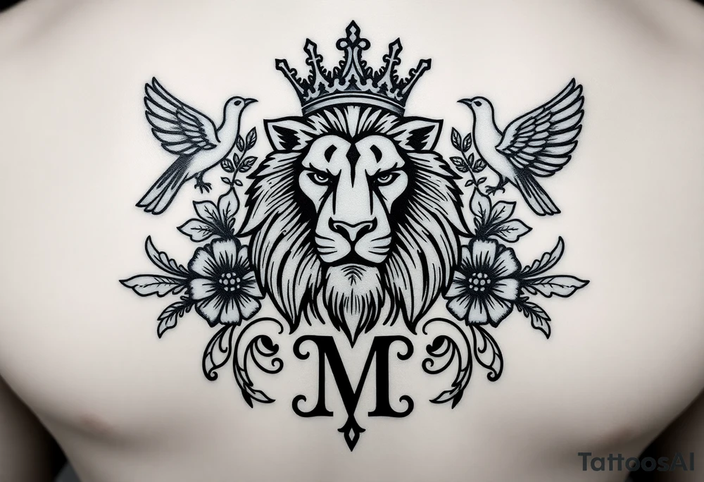 powerful majestic lion with a crown, surrounded by floral ornaments and birds
Classic Serif Design
above:
	•	Font: Elegant serif typeface (e.g., Times New Roman or Garamond).
	•	Style:
	•	“owned by” in lowercase, centered above the “M” with slight letter spacing.
	•	“M” is bold and slightly larger, sitting at the bottom.
	•	Overall Shape: Balanced and traditional, minimal flourishes. tattoo idea