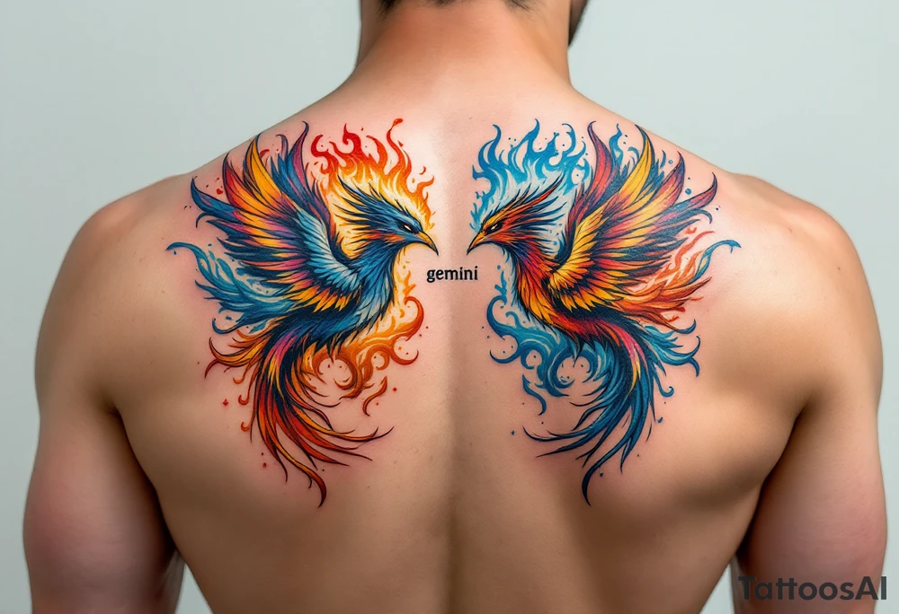 A pair of twin phoenixes, one rising from golden flames and the other from icy mist, with word "gemini" tattoo idea