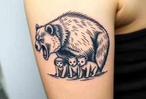 A detailed grizzly bear fiercely growling, looming over 4 cubs 3 girls and a boy. tattoo idea