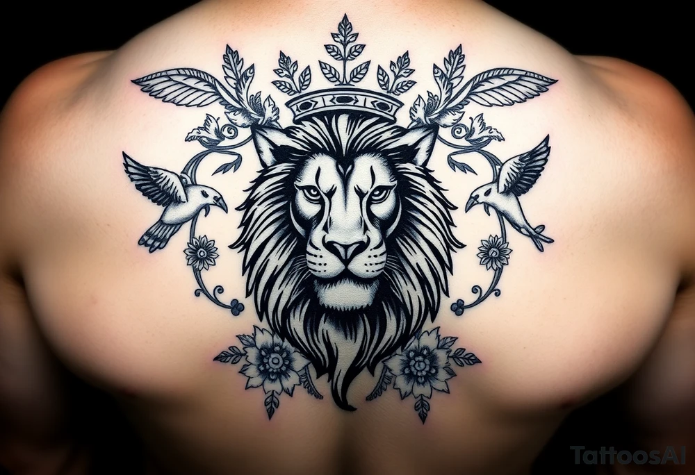 powerful majestic lion with a crown, surrounded by floral ornaments and birds tattoo idea