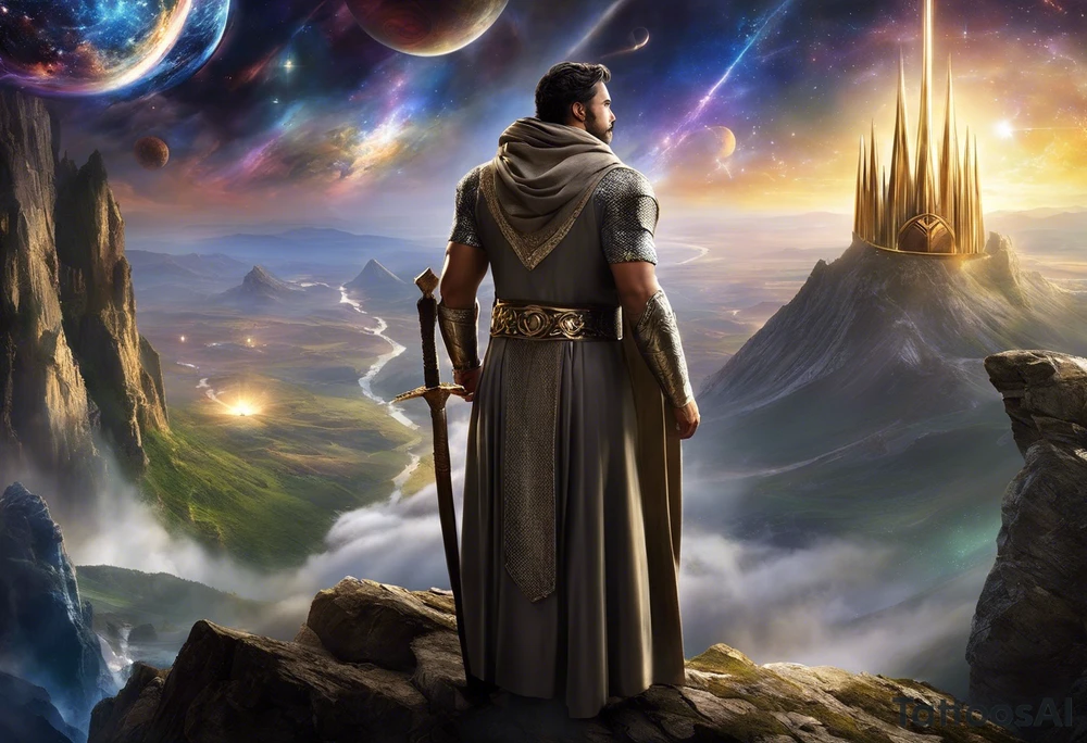 Jehovah looking out at the marvels of his creation from the atoms to the galaxy and celestial beings. With grey wash and a fantasy theme. Jehovah has to be a character who is so majestic, charismatic, immensely powerful. There isnt a single thing he isnt capable of doing. Infinitely powerful forward facing. Without the pagan styled attire and without the pagan symbols etcetera, shirtless, large muscular athletic physique, deep muscle definition tattoo idea
