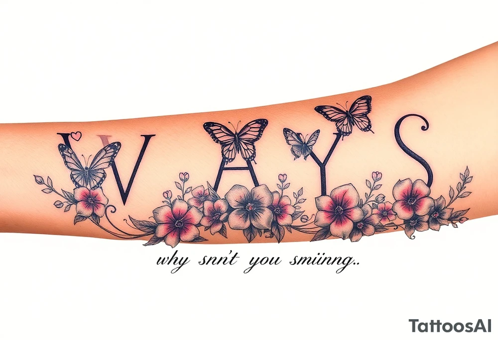 W.A.Y.S spelled out with why aren’t you smiling under neath it with flowers, butterflies and hearts with 444 tattoo idea