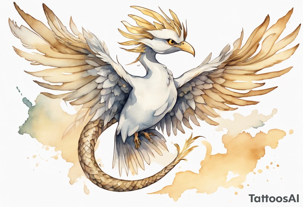 a watercolor of a white bird-serpent hybrid wearing a plain crown, with light gold wing feathers, flying in the sky tattoo idea