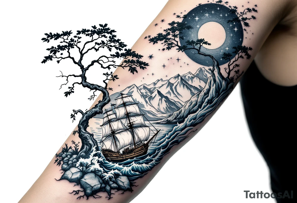 tattoo that has an acacia tree with mountains, ocean with a ship wreck and the northern star tattoo idea