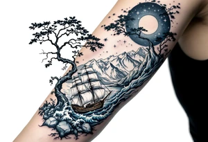 tattoo that has an acacia tree with mountains, ocean with a ship wreck and the northern star tattoo idea