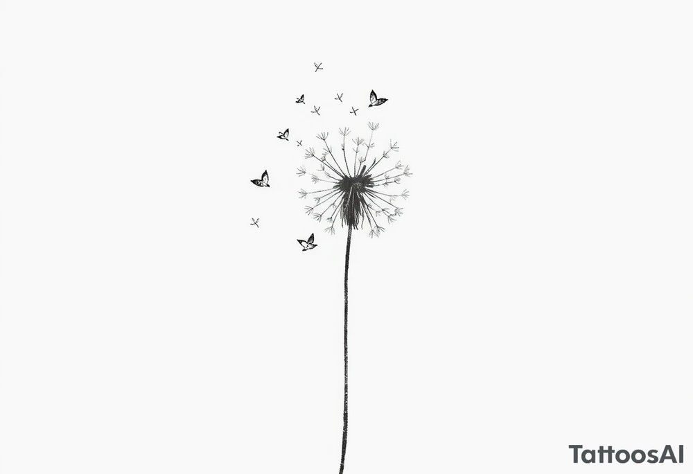 Dandelion tattoo representing motherhood, blowing in the wind giving myself to the next generation. Five birds for my children and two white birds for the children I lost. Whimsical and fine line. More artistic and soft. Still not right. Try again tattoo idea