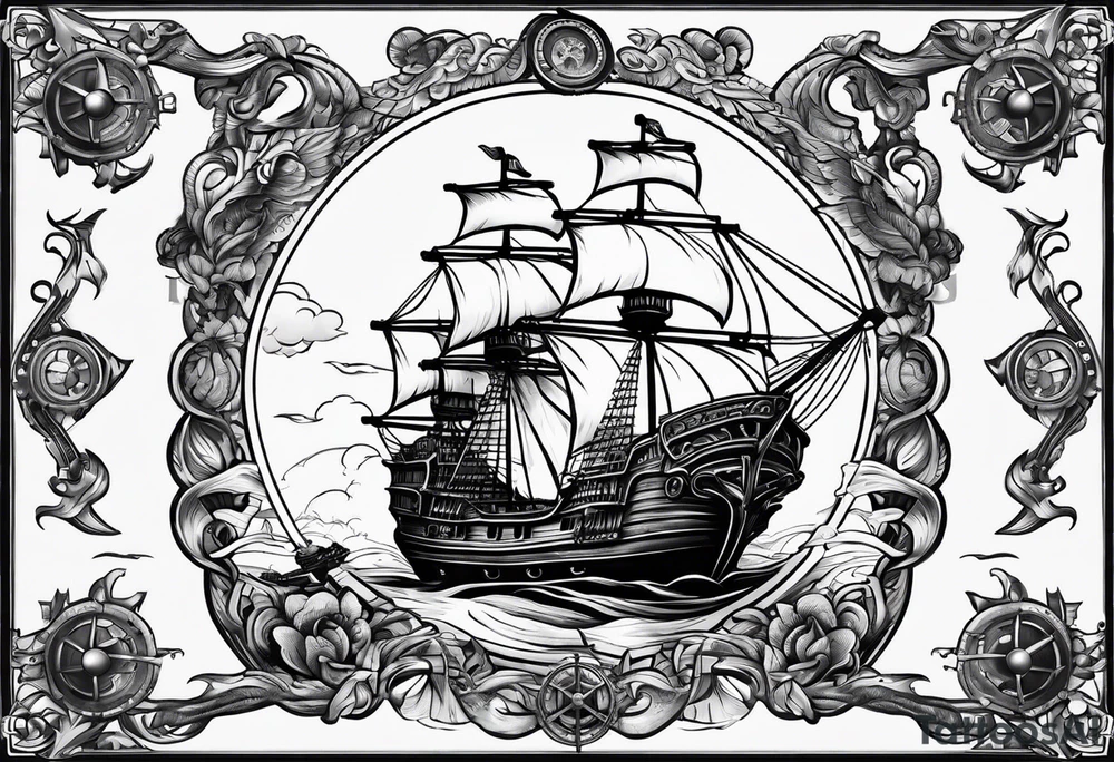 four steering wheels pirate ship tattoo idea