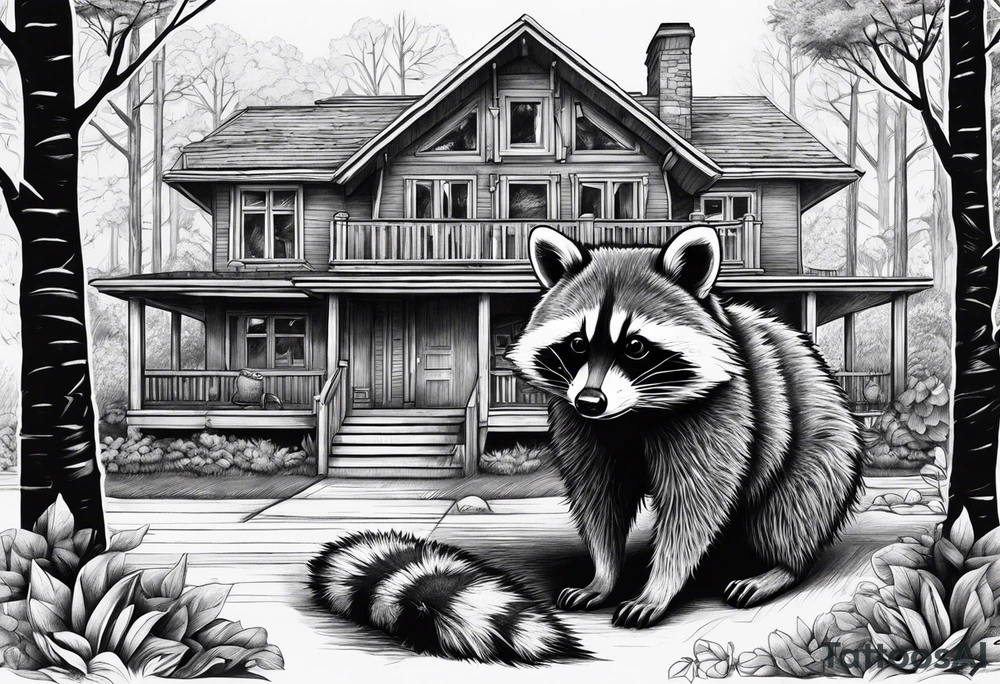 Hard working Raccoon Husband
Raccoon wife and Child in the Back
Background House and woods tattoo idea