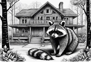 Hard working Raccoon Husband
Raccoon wife and Child in the Back 
Background House and woods tattoo idea
