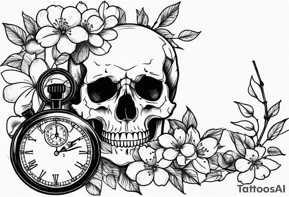 Stopwatch skull and cherry bloom tattoo idea