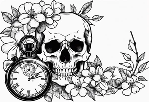 Stopwatch skull and cherry bloom tattoo idea