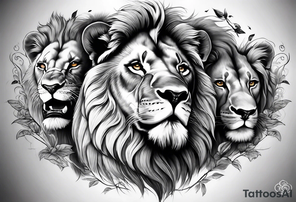 Full sleeve tattoo depicting a large lion protecting his lioness and 6 lion cubs. Background should depict a safari scene tattoo idea