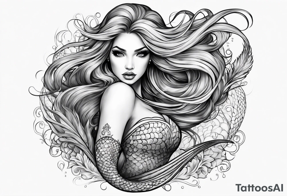 mystical sultery
 mermaid with long 
flowing tail and hair, tattoo sleeve tattoo idea