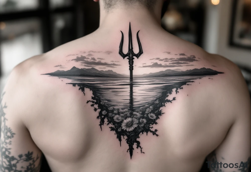 trident half way under calm water at sunset with topless woman tattoo idea