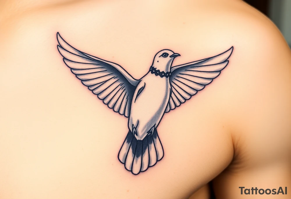 A realistic collared dove in flight, wings spread wide with soft gray and white feathers, symbolizing peace and freedom tattoo idea