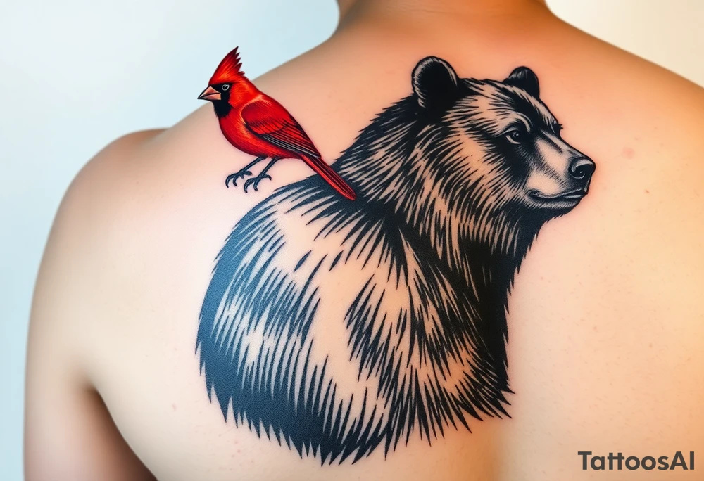 Realistic bright red cardinal perched on the shoulder of a realistic black bear.
Forearm tattoo tattoo idea