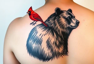 Realistic bright red cardinal perched on the shoulder of a realistic black bear.
Forearm tattoo tattoo idea