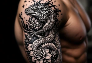 powerful majestic reptile, surrounded by floral ornaments tattoo idea