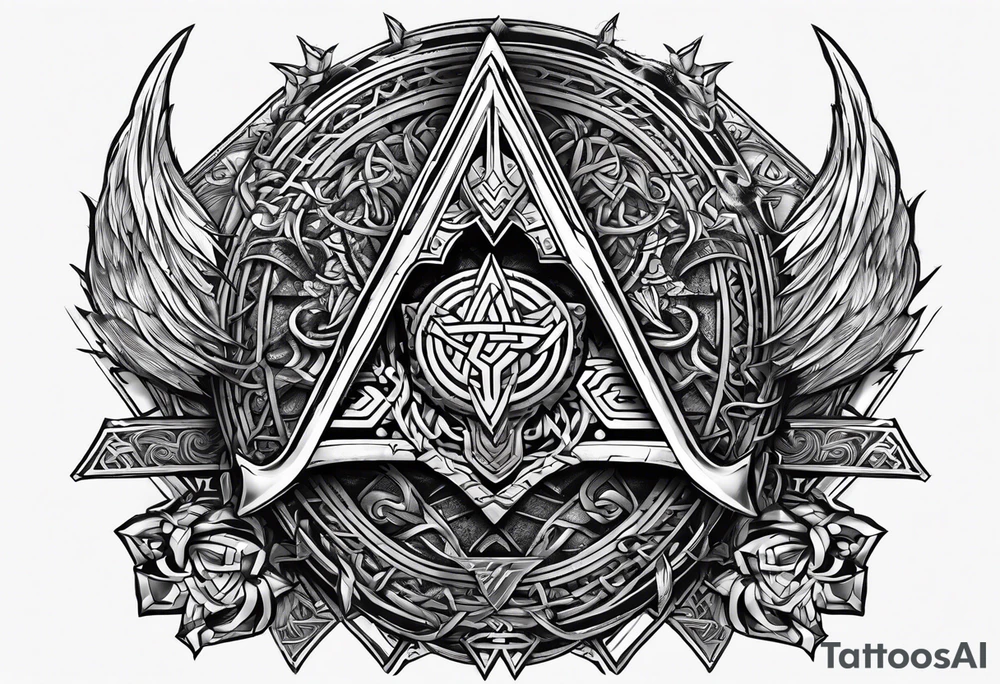 Valhalla sword shield dragon axe Valknut barbed wire chains tribal tattoo idea Valhalla sword shield dragon axe Valknut barbed wire chains tribal tattoo idea