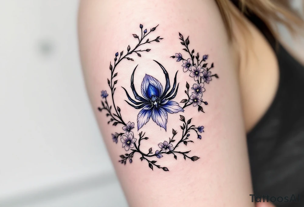 the flower blue spider lily from demon slayer and add cherry blossoms wrapped around upper arm tattoo idea