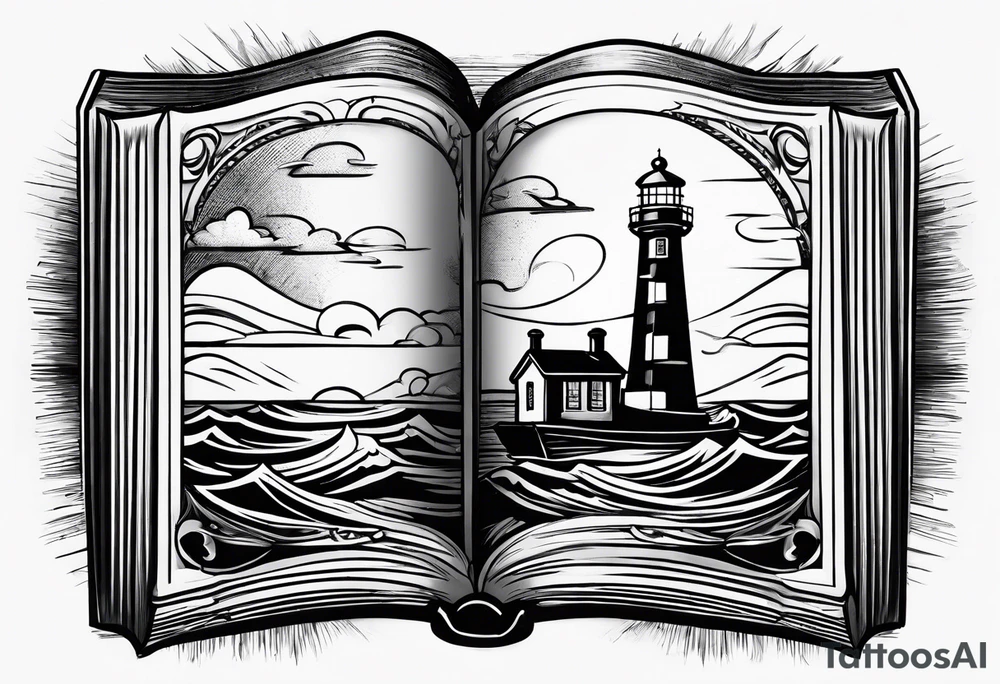 lighthouse shining light onto open book tattoo idea