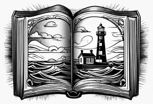 lighthouse shining light onto open book tattoo idea