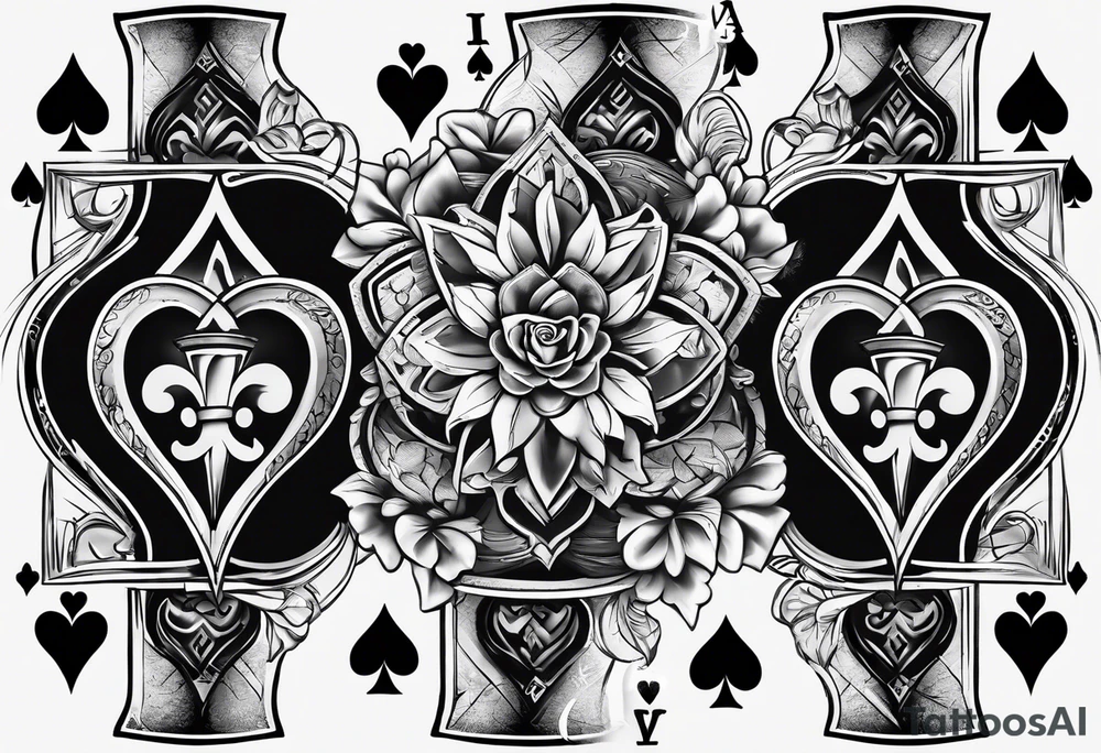 6 aces, overlapping in a row, first two faded and worn aces of hearts and the later ones new and strong tattoo idea