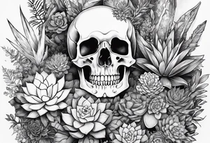 A skeleton as a statue, surrounded by succulents tattoo idea