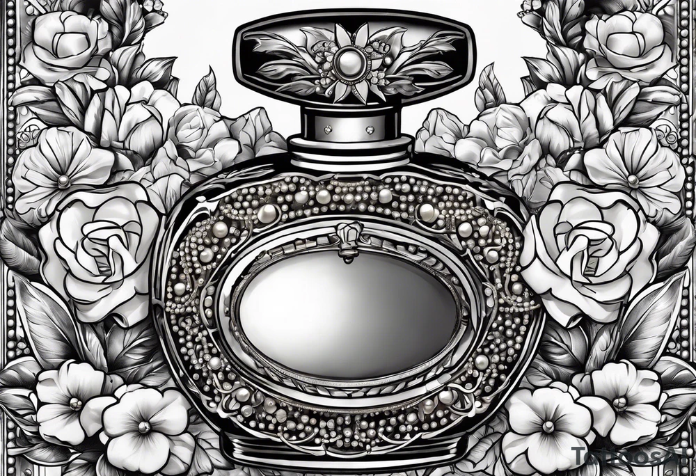Pearl necklace wrapped around 1950s perfume bottle with flowers and bows surrounding tattoo idea