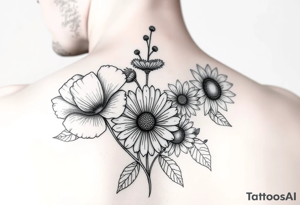 Poppy, chrysanthemum and daisy shoulder tatoo tattoo idea