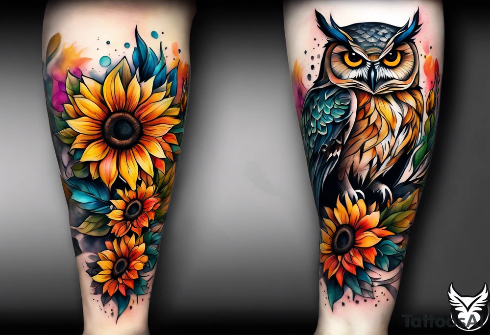 Leg sleeve with colorful sunflowers and an owl tattoo idea