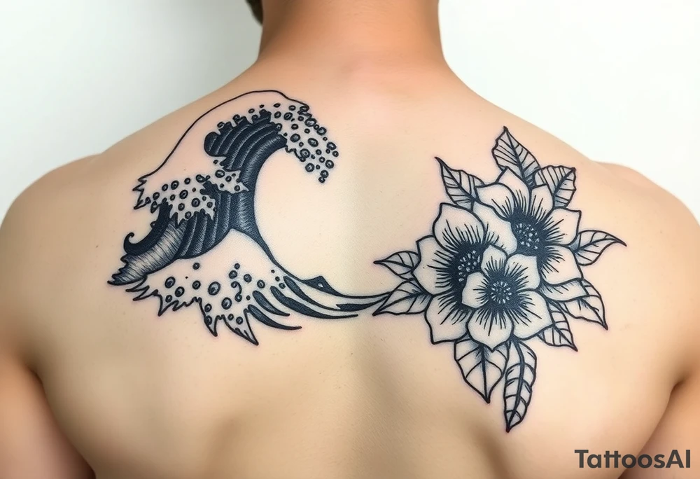 japanese waves and flowers tattoo idea