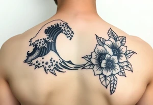 japanese waves and flowers tattoo idea