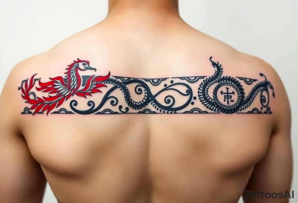 Ultra-thin horizontal neo-tribal tattoo band (5cm height, 50cm length), black and red ink. Greek meander pattern with integrated Chinese phoenix (left, red) and dragon-ouroboros (right, black). Hidden Bagua trigrams in corners. Line art, NO background, designed to wrap around forearm seamlessly. Make the pattern repeatable tattoo idea