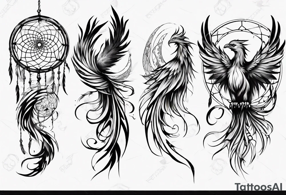 Vertical screaming Phoenix with abstract dream catcher tail tattoo idea