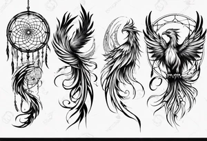 Vertical screaming Phoenix with abstract dream catcher tail tattoo idea