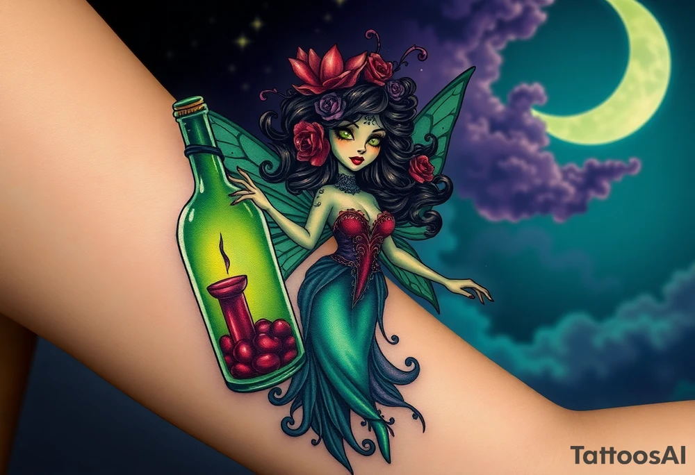 Tim Burton’s kelly doty pin up style Vintage Parisian elegant and hauntingly beautiful yet eerie full body absinthe Green Fairy dances outside her victorian crystal decatur she was once inside this elaborate ornate bottle absinthe bottle Absinthe Art Nouveau   and dripping with muted reds, dusty pinks, and eerie green glow.purple and cyan smokey clouds swirl in the crescent moonlit sky thats sprinkled with stars tattoo idea