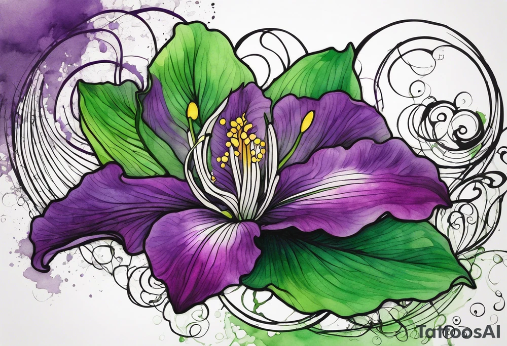A mystical outline of a green and purple rio dipladenia flower and a green and purple watercolor splash in the background tattoo idea