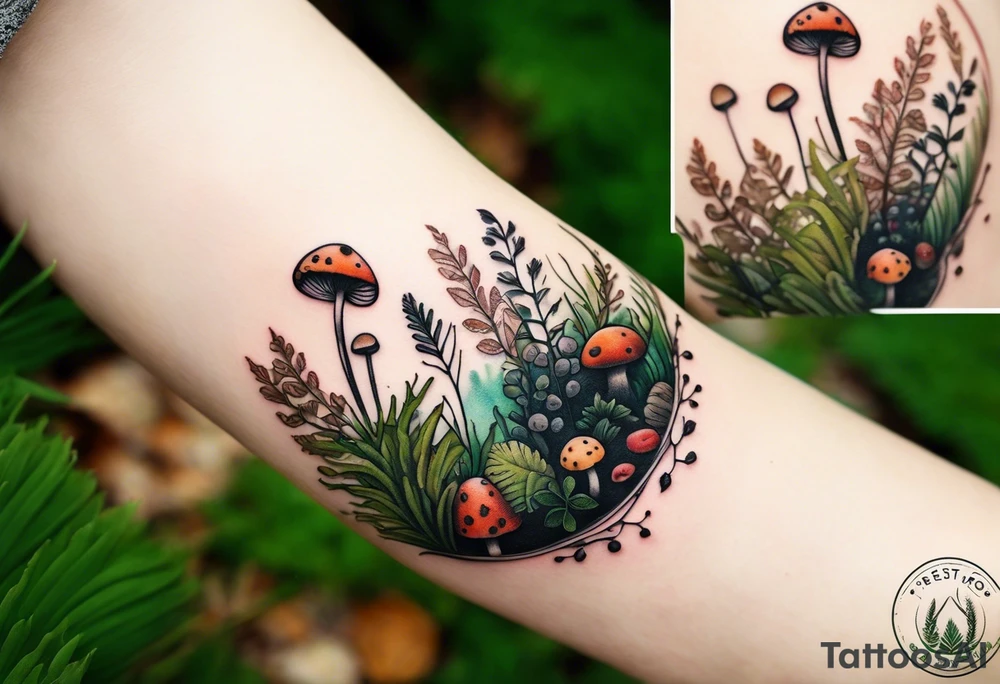 minimalistic forest floor inspired tattoo, which includes grass, moss, curly ferns and dead leaves as the bulk of the tattoo. details to include: forest berries, couple of very small brown mushrooms, a tiny bumblebee flying nearby tattoo idea